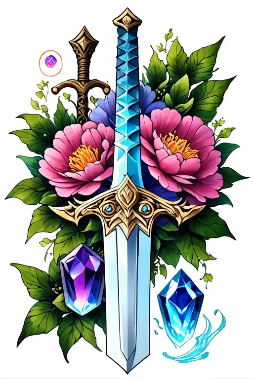 Zelda Master Sword Surrounded By Silent Princess Flowers And The Three Spiritual Stones