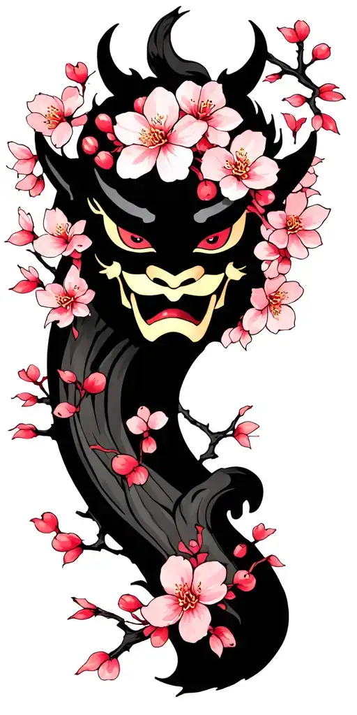 Oni Mask Cherry Blossom On Branch