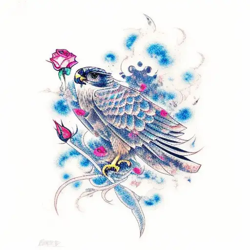 A Falcon Surrounded By Rose Petals And Blue Flames