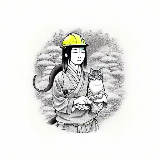 A Construction Worker Woman With A Cat Companion In A Japanese Garden
