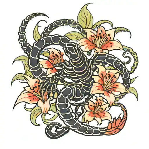 Scorpion Wrapped Around Red Spider Lily Flower