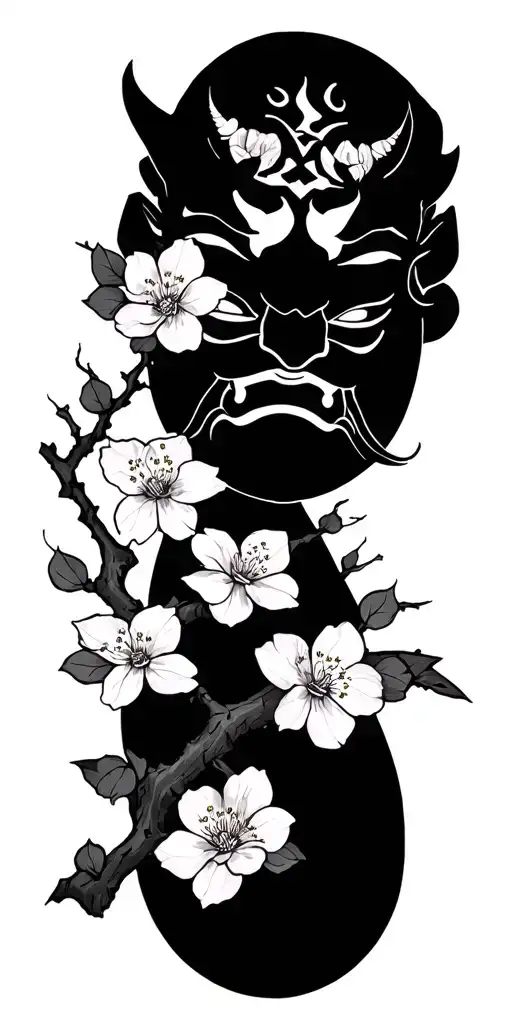 Oni Mask Cherry Blossoms On Branch