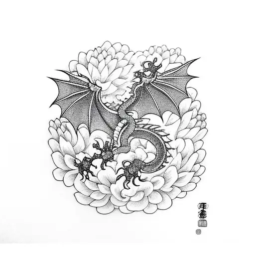 Dragon Flying Between Chrysanthemums