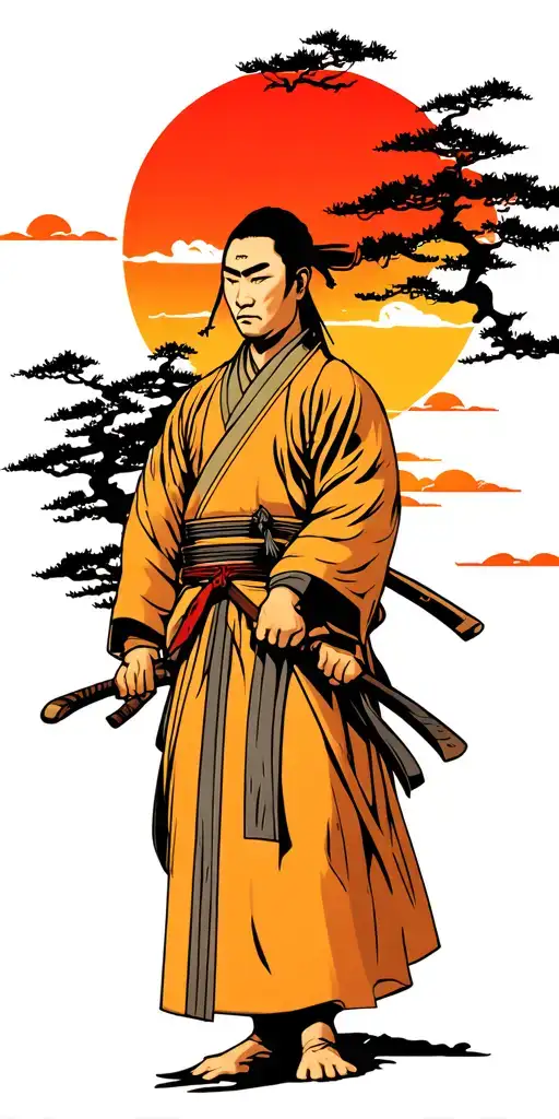 Traditional Samurai In Sunset Background And Bonsai Tree Into Sun