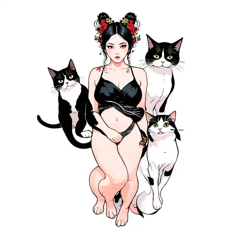 Woman Ruffian With Gang Of Cats