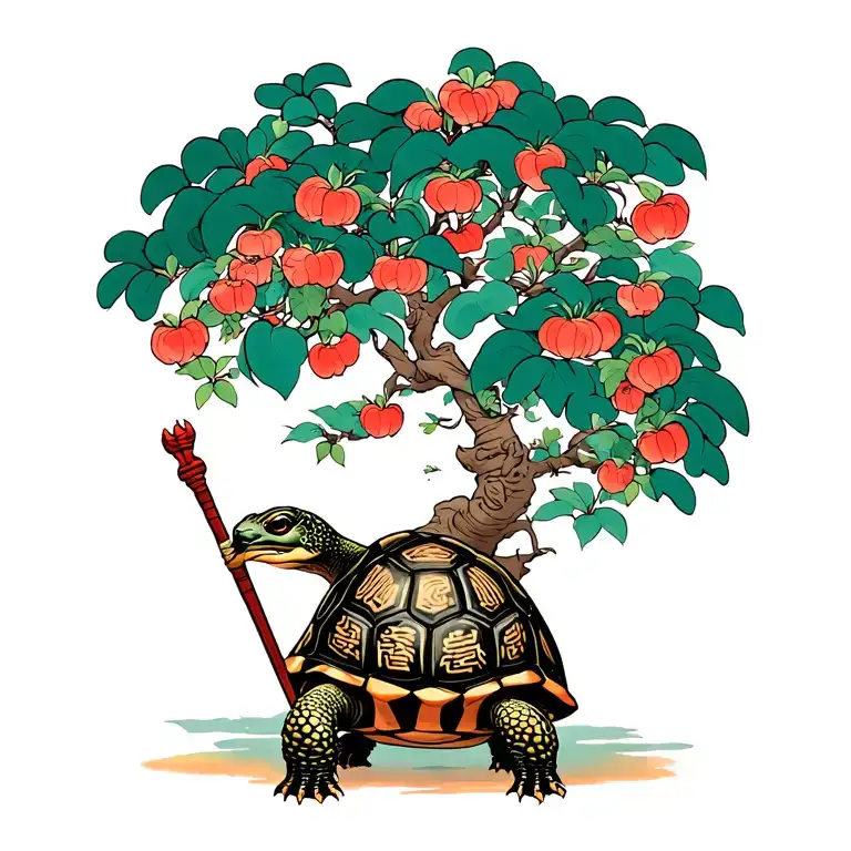 Tortoise Elderly Kung Fu Turtle With Staff At Peach Tree Scene In Mountain Pass