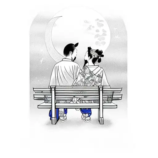 Guy And Girl Kissing On Bench With The Moonlight In The Background