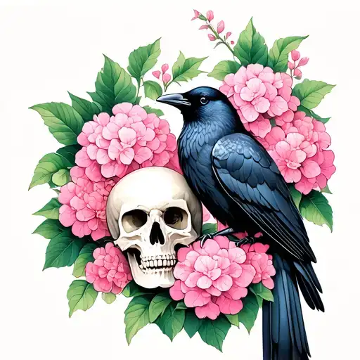 Black Crow Sitting Amongst A Skull And Pink Hydrangeas In Bloom