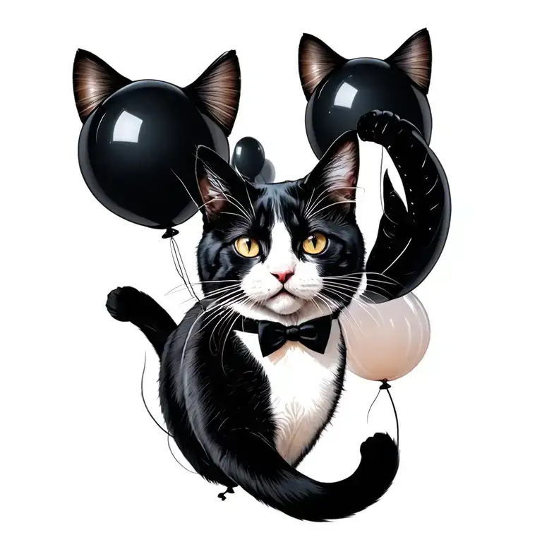 Tuxedo Cat Floating With Black Balloons Floating