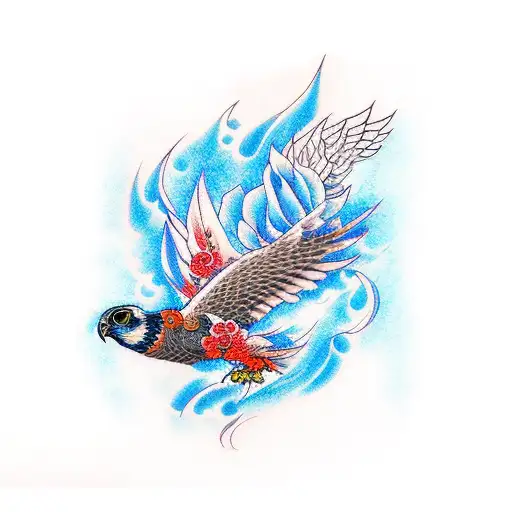A Rose And A Falcon In Blue Flames