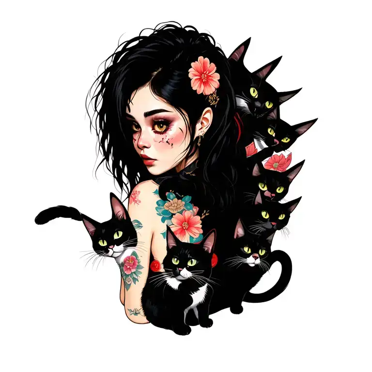 Woman Punk With Gang Of Cats