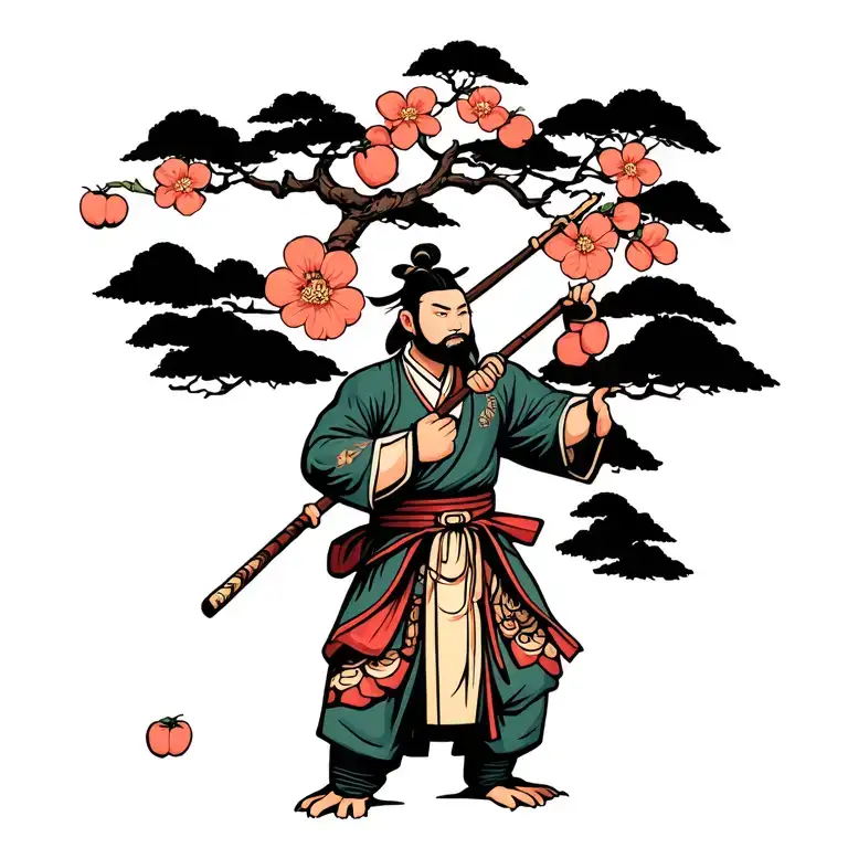 Kind Tortoise Kind Kung Fu Master With Staff At Peach Tree Scene