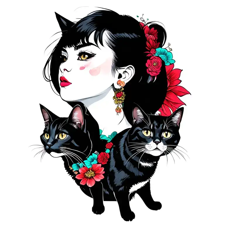 Woman Punk With Gang Of Cats