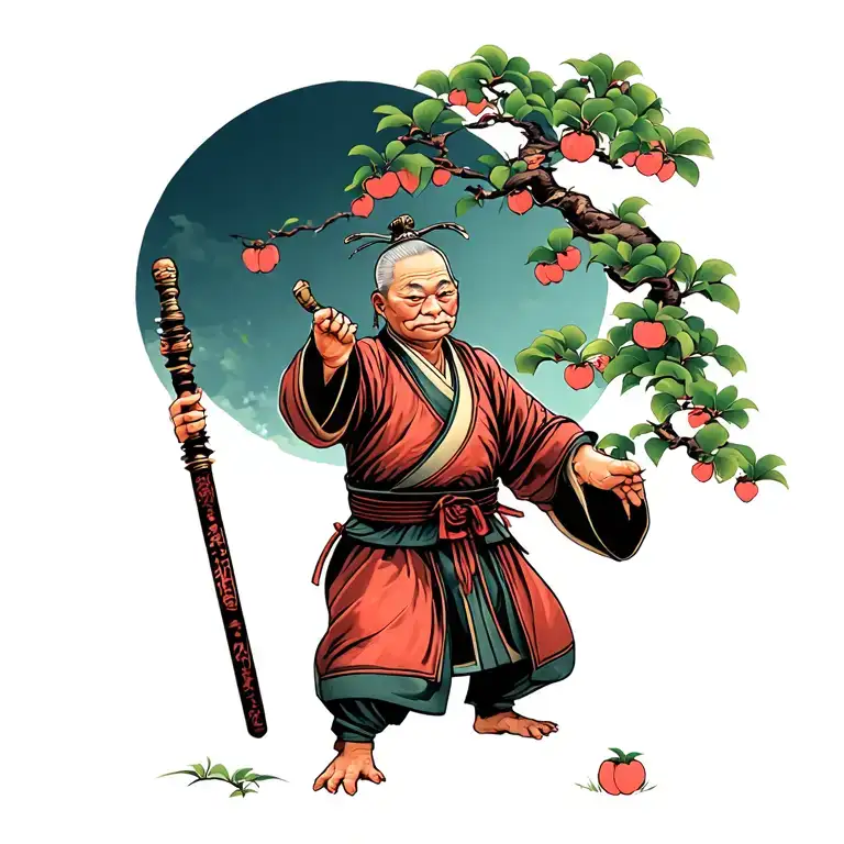 Kind Elderly Tortoise Kung Fu Master With Staff At Peach Tree Scene