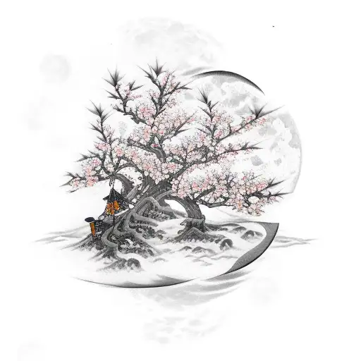 Two Samurai's Fighting With Chery Blossom Tree In Background Under Moon