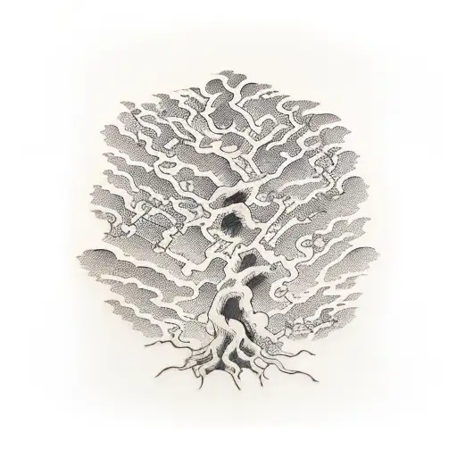 Tree Half Blossomed Half Dry With Roots