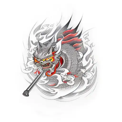 Katana With Flames And Smoke On Forearm