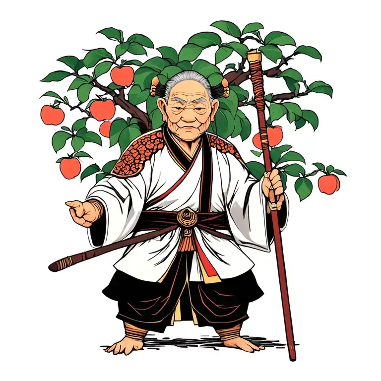 Kind Elderly Tortoise Kung Fu Master With Staff At Peach Tree Scene
