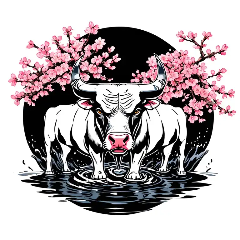 Chicago Bulls Standing In Black Stream Of Water Near Cherry Blossom