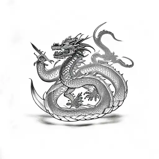 Dragon With Sword And Samurai