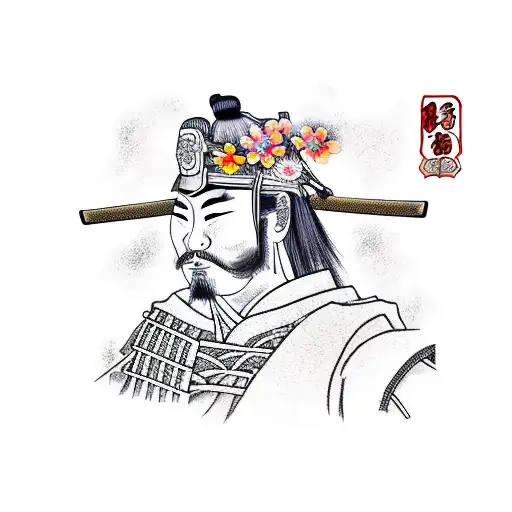 Samurai Warrior In A Garden Of Cherry Blossoms Thinking Abour War