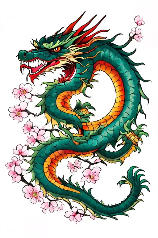 Dragon And Samurai On A Japanese Cherry Tree