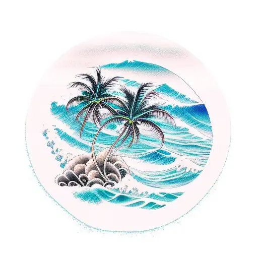 Beach Scene With Waves And A Palm Tree