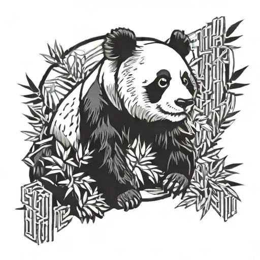 Panda With Bamboo Near Face And Geometric Background