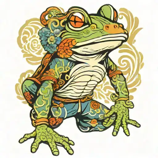 A Frog Standing Up In Clothes With A Koi Fish