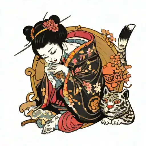 Geisha With A Cat Sitting On Her Lap
