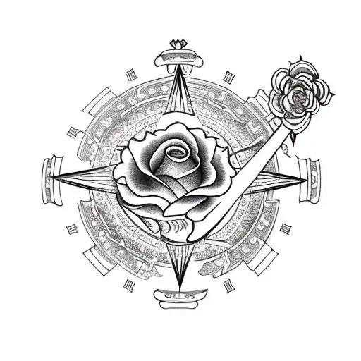 A Red Rose With A Lyre On A Compass