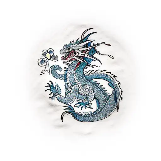 Cute Japaneese Dragon With Flowers