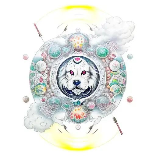 Foodog With One Paw Out Bursting Through Clouds With 3 Crystal Balls Floating Above Its Head
