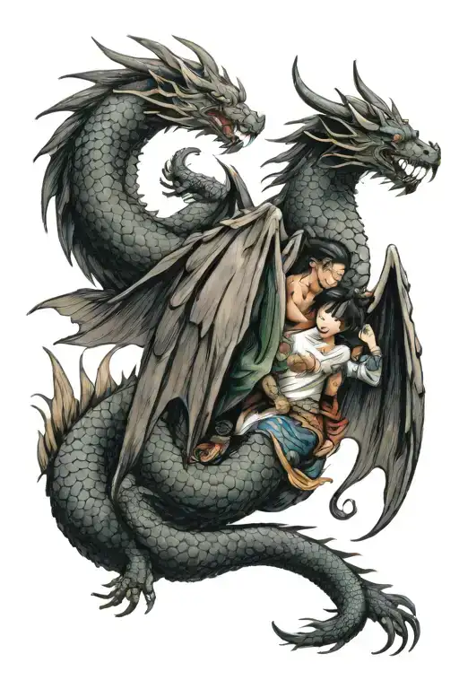Dragon Protecting A Naughty Angel Hugging His Front Leg