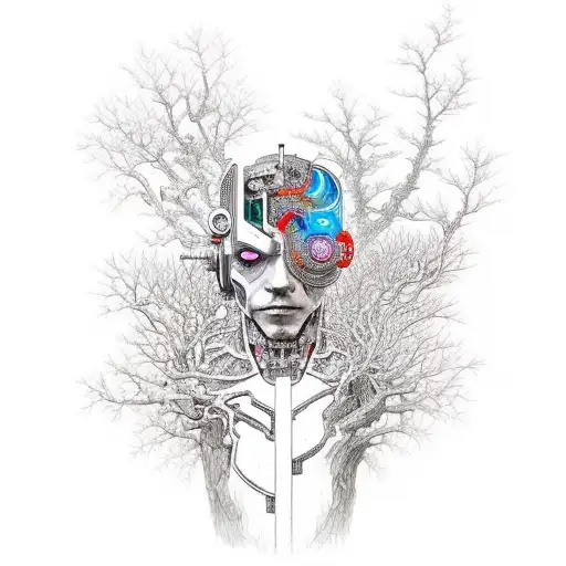A Futuristic Cyborg Merging With A Tree To Represent Growth And Development