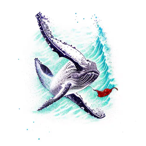 Humpback Whale Jumping Out Of Water Straight With Splasheand Has A Ribbons Around It