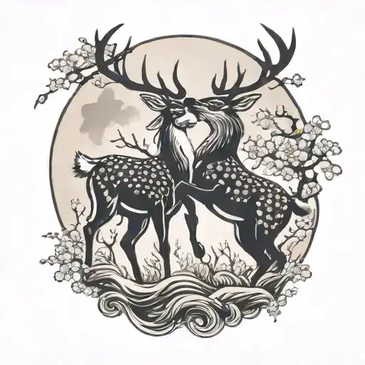 Angry Deer Fighting Each Other With The Moon