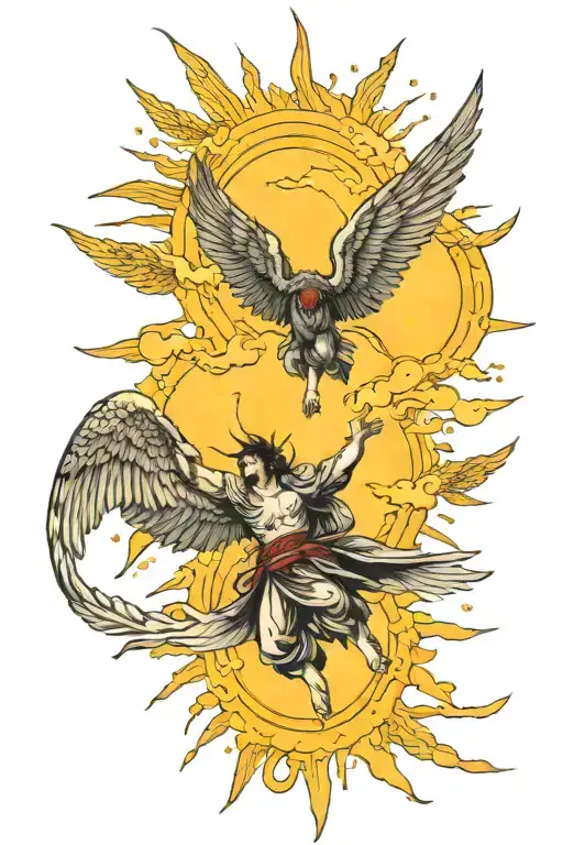 Icarus Falling From Sky Filled With Sun Rays