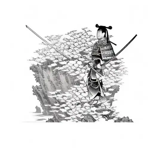 A Samurai Standing On A Cliff Overlooking A Sea Of Japanese Flowers