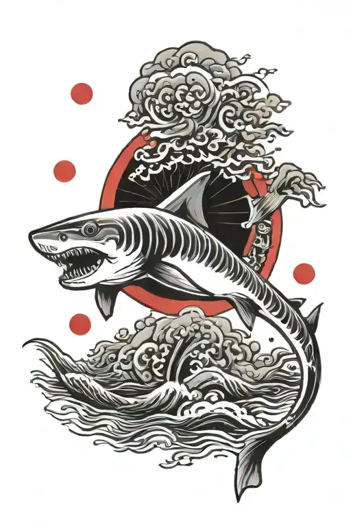 Japanese Styled Shark In Front Of A Red Sun And Some Black Kanjis