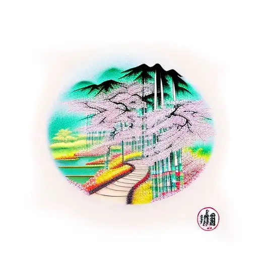 Colorful Bamboo Forest With Lush Cherry Blossoms