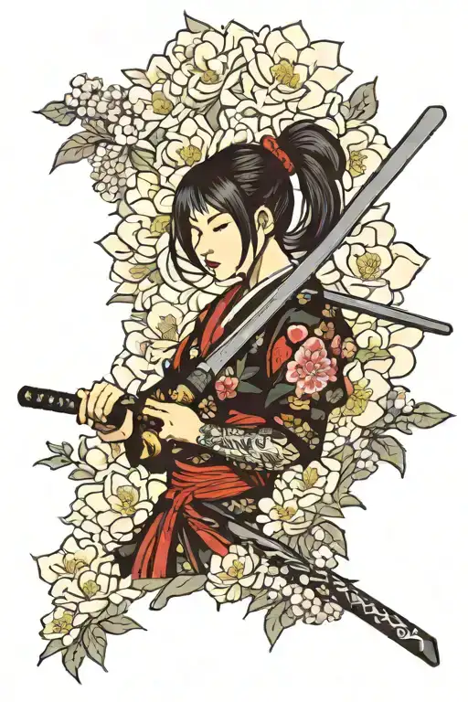 Girl In Flowers With Katana