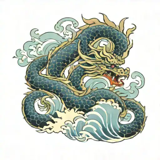 Japanese Front Facing Dragon Surrounded By Japanese Waves