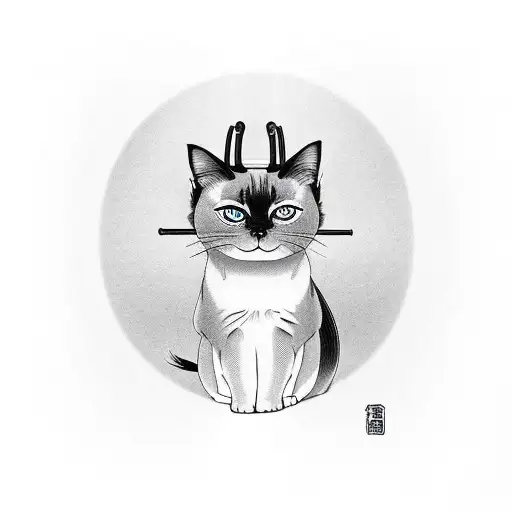 A Siamese Cat Sitting With Two Katanas On His Back And With A Kasa On His Head