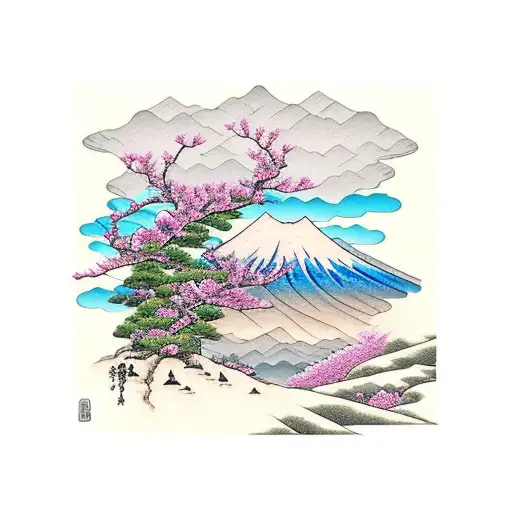 Mountain Scene With Beach And Cherry Blossoms