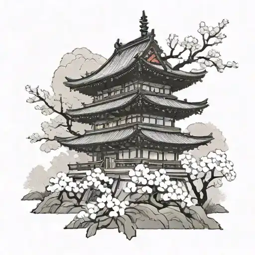 Japanese Temple With Forest And Japanese Cherry Blossom Theme