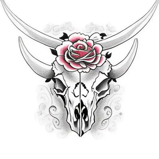 Bull Skull With Roses Growing From The Right Eye