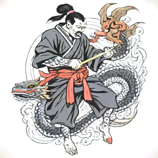 Dragon Con Grandes Alas Peleando Con Un Ninja