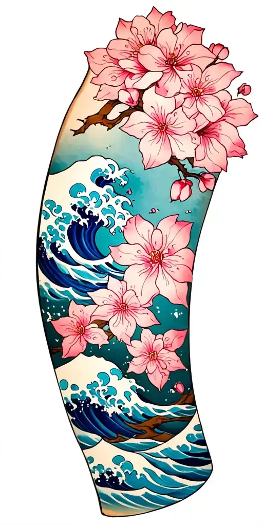 Waves And Cherry Blossoms Wrapped