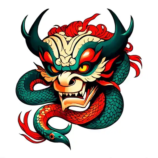 Oni Mask With Snake Half Sleeve On Shoulder To Arm